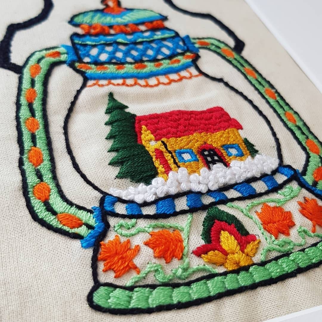 Hand Embroidered Winter Lantern Modern Embroidery