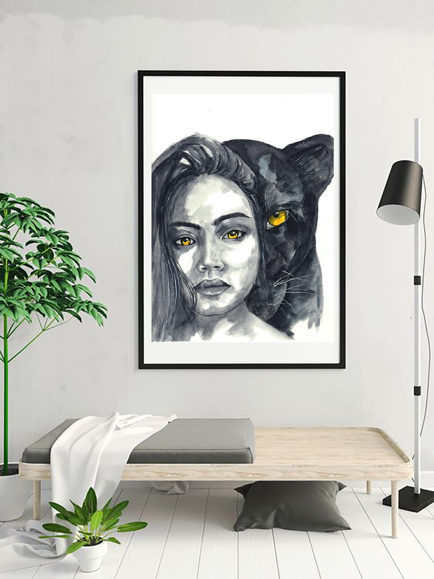 Girl With Cat Painting Print